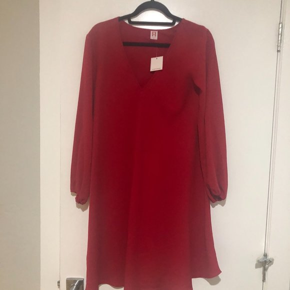 NWT A by Amanda Uprichard Balloon Sleeve Red Dress with V-Neck - Shift - Picture 4 of 8